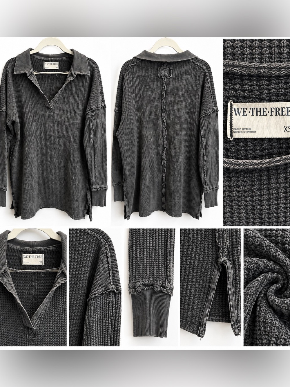 Free People We The Free Travis Polo Charcoal Waffle-Knit V-Neck